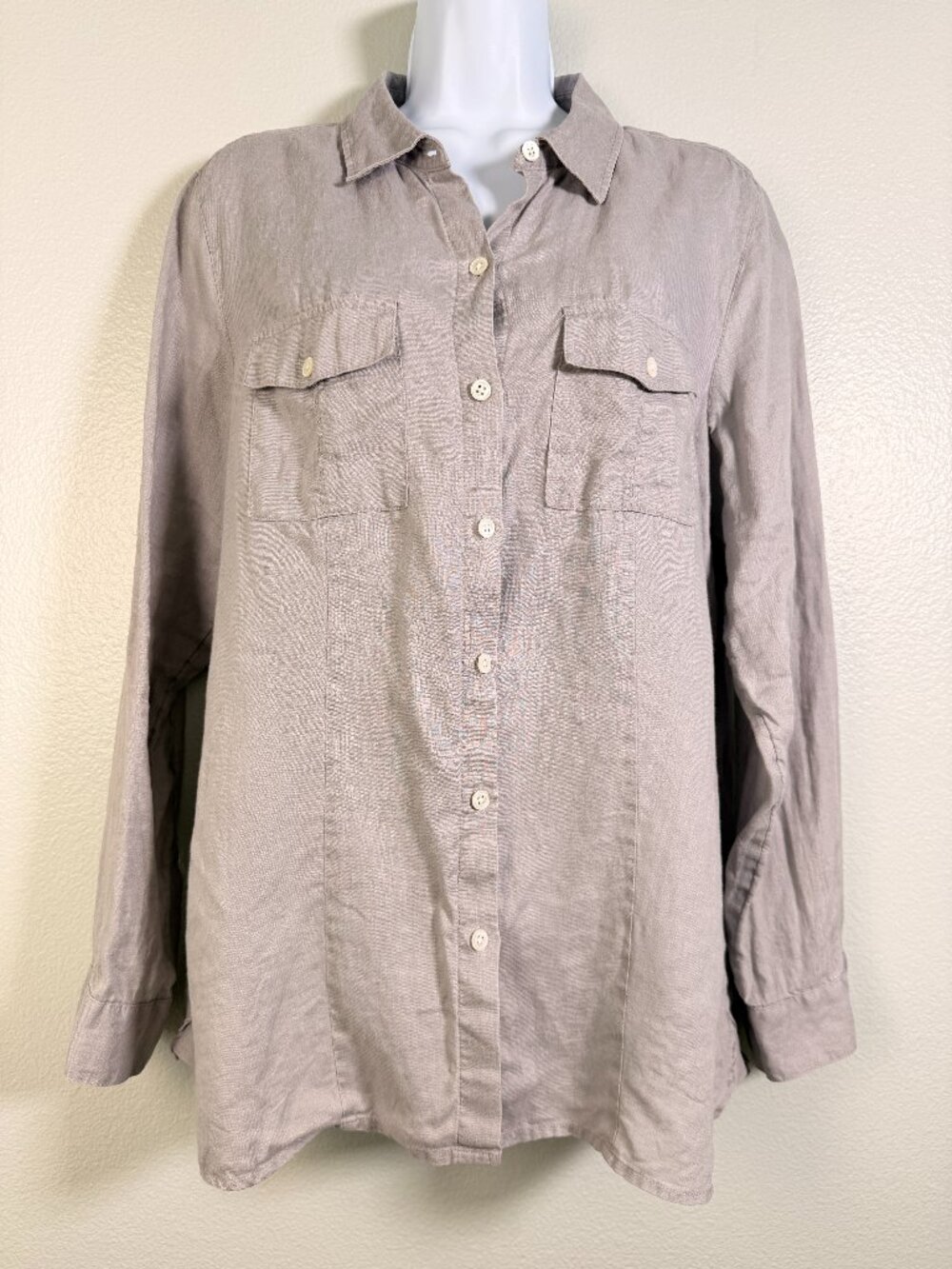 J. Jill Love Linen Medium Womens Gray Long Sleeves Button Up Linen Shirt Pockets